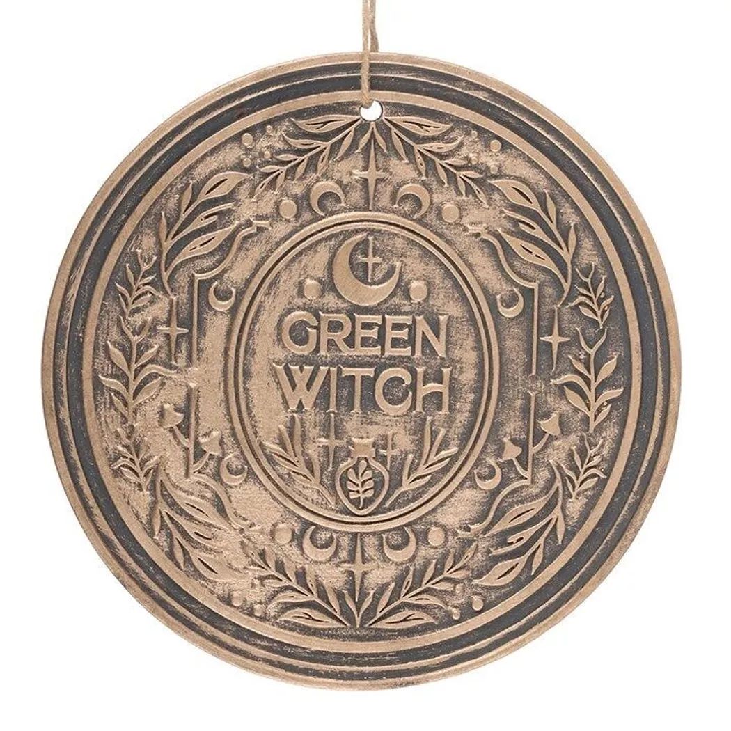 Placa colgante de terracota con efecto bronce de la bruja verde.