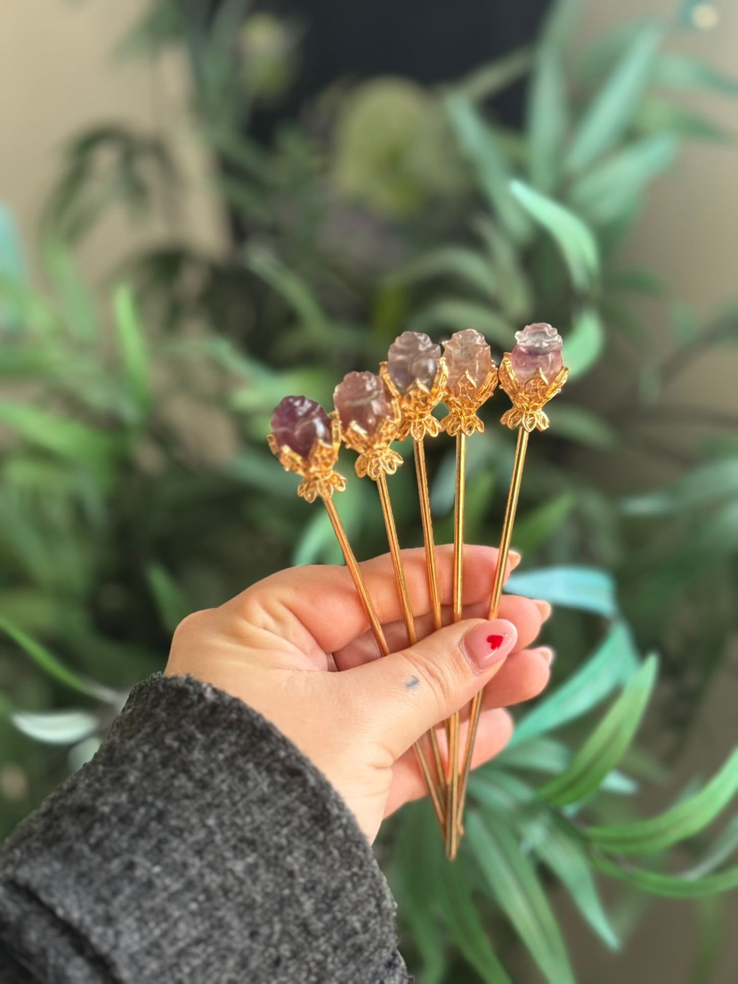 Palillos para Cabello De Fluorita Dorados.