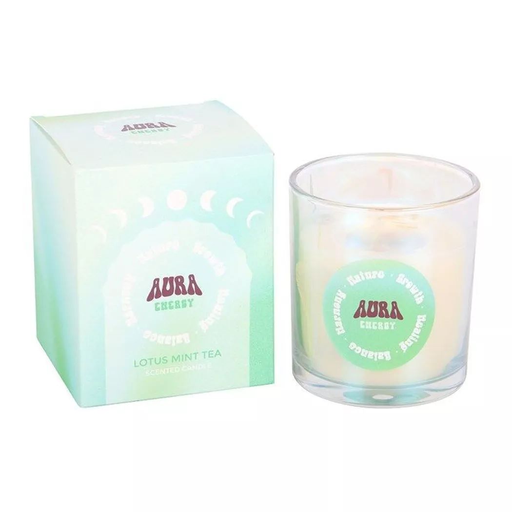 Vela iridiscente Aura energía con aroma de te de menta y loto.