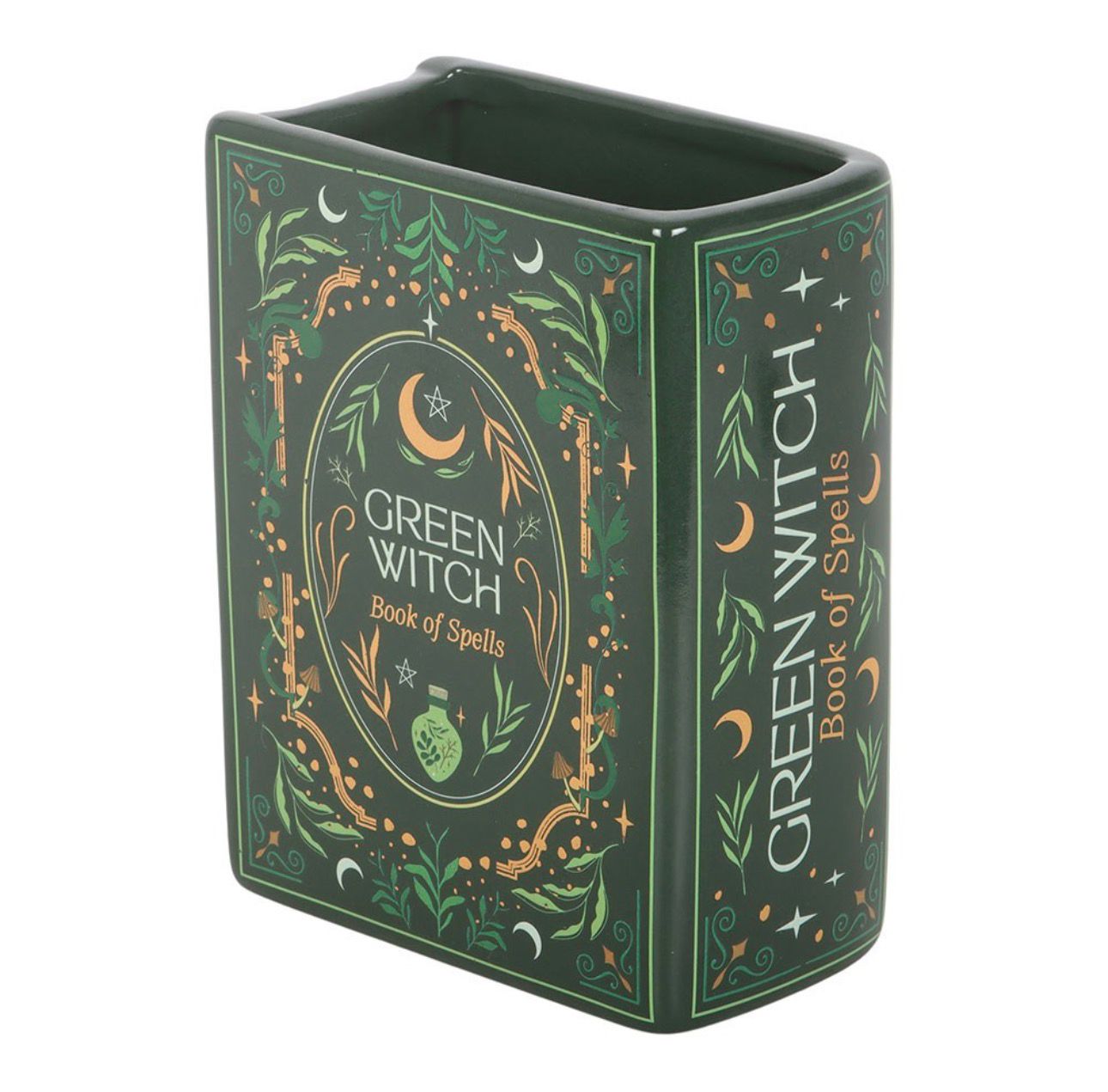 Jarrón con forma de libro de la bruja verde.