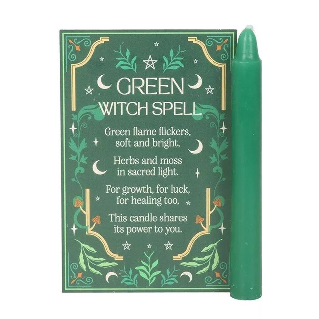 Paquete de 12 velas verdes para hechizos de bruja.