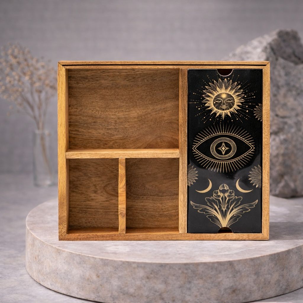 Caja de tarot de cuatro secciones con porta cartas