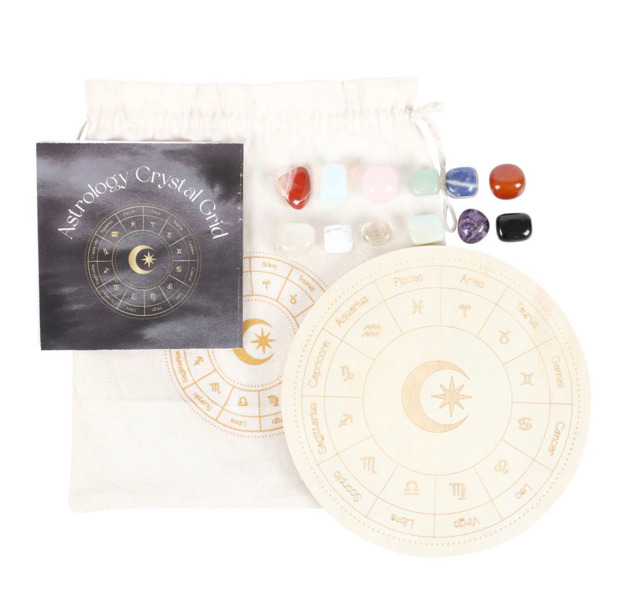 Juego de rueda de astrología con minerales.
