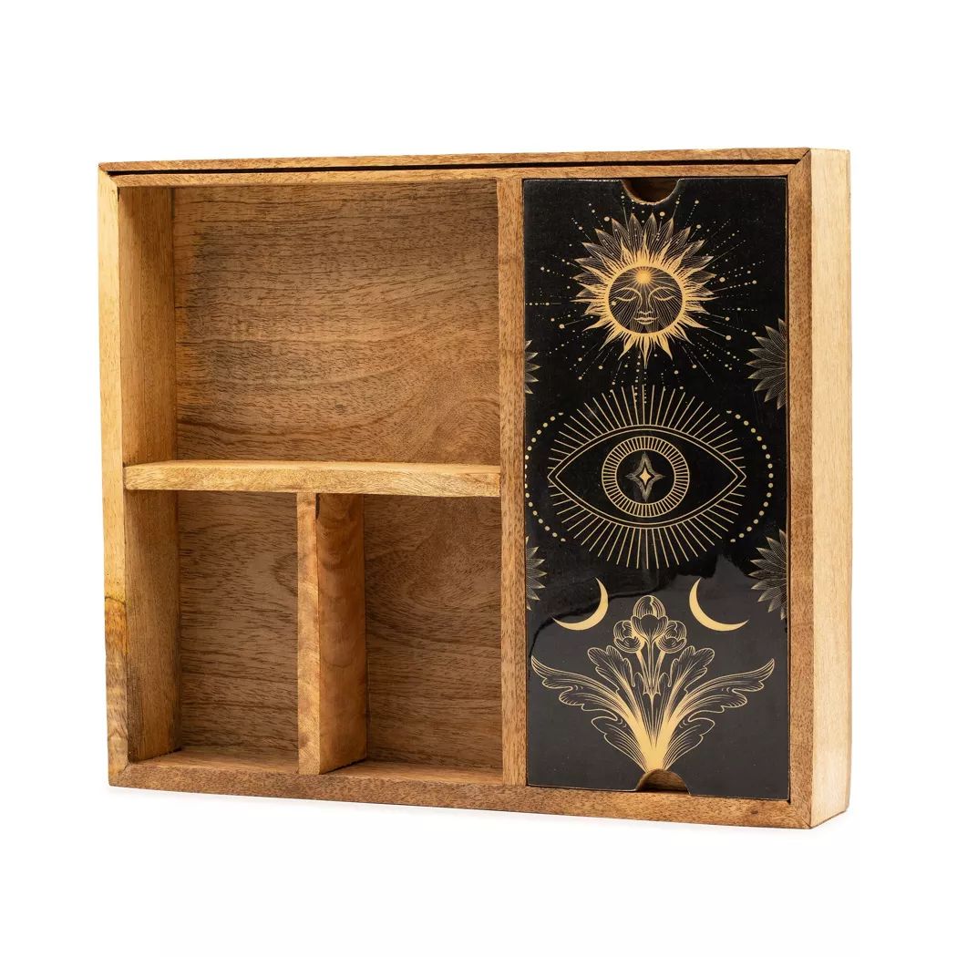 Caja de tarot de cuatro secciones con porta cartas