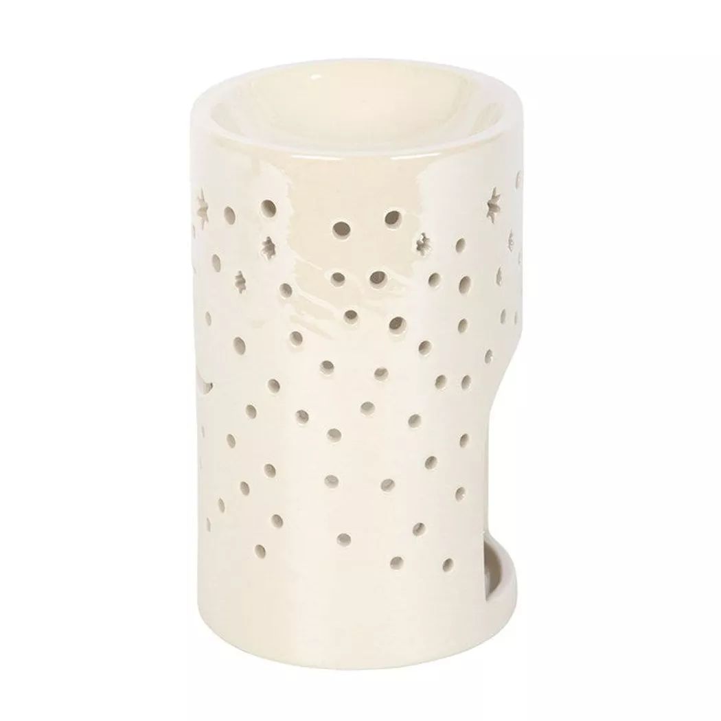 Quemador de aceite y calentador de cera con forma de pilar de luna blanca iridiscente.