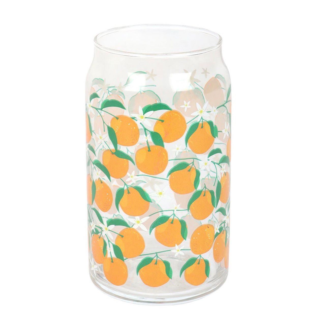 Vaso de vidrio con estampado naranja.