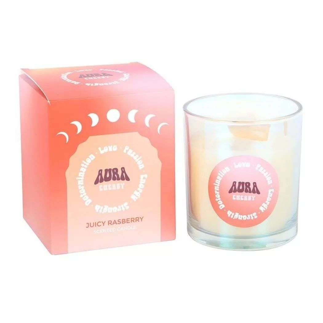 Vela iridiscente Aura energía con aroma a frambuesa jugosa.