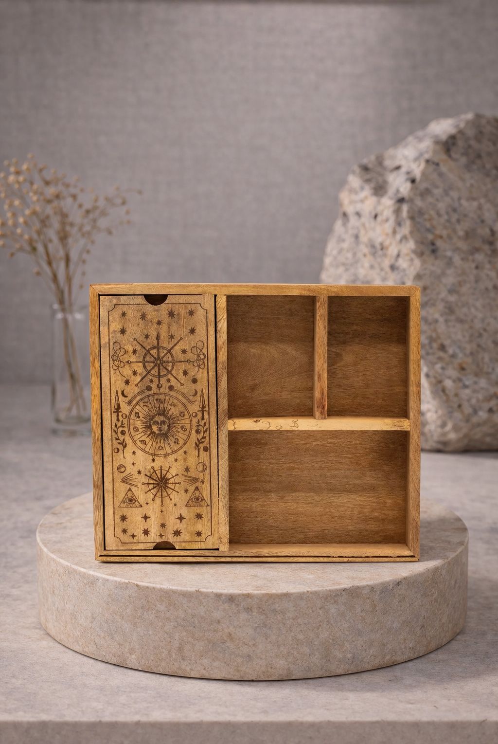 Caja de tarot de cuatro secciones con porta cartas