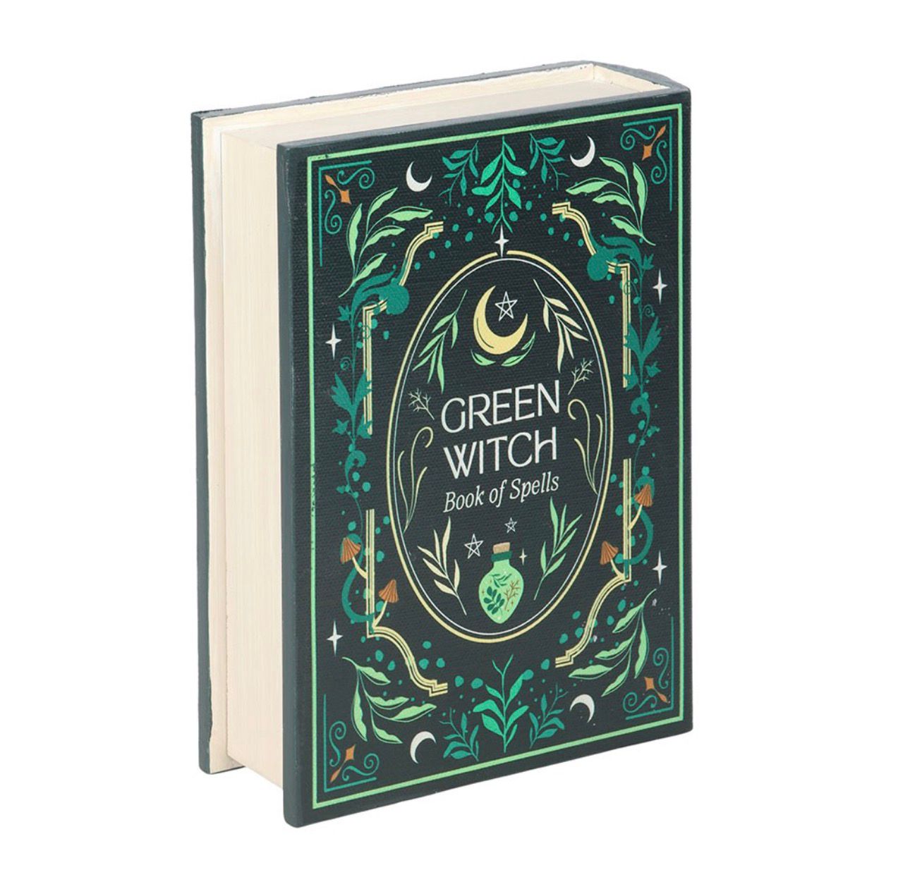 Caja de almacenamiento con forma de libro de la bruja verde.