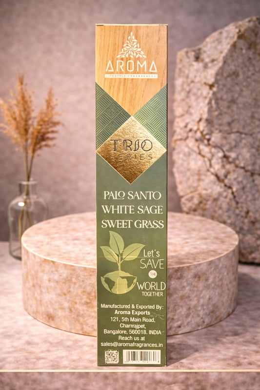 Incienso trio palo santo, White sage, sweet grass.