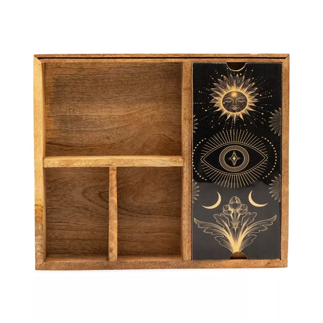 Caja de tarot de cuatro secciones con porta cartas