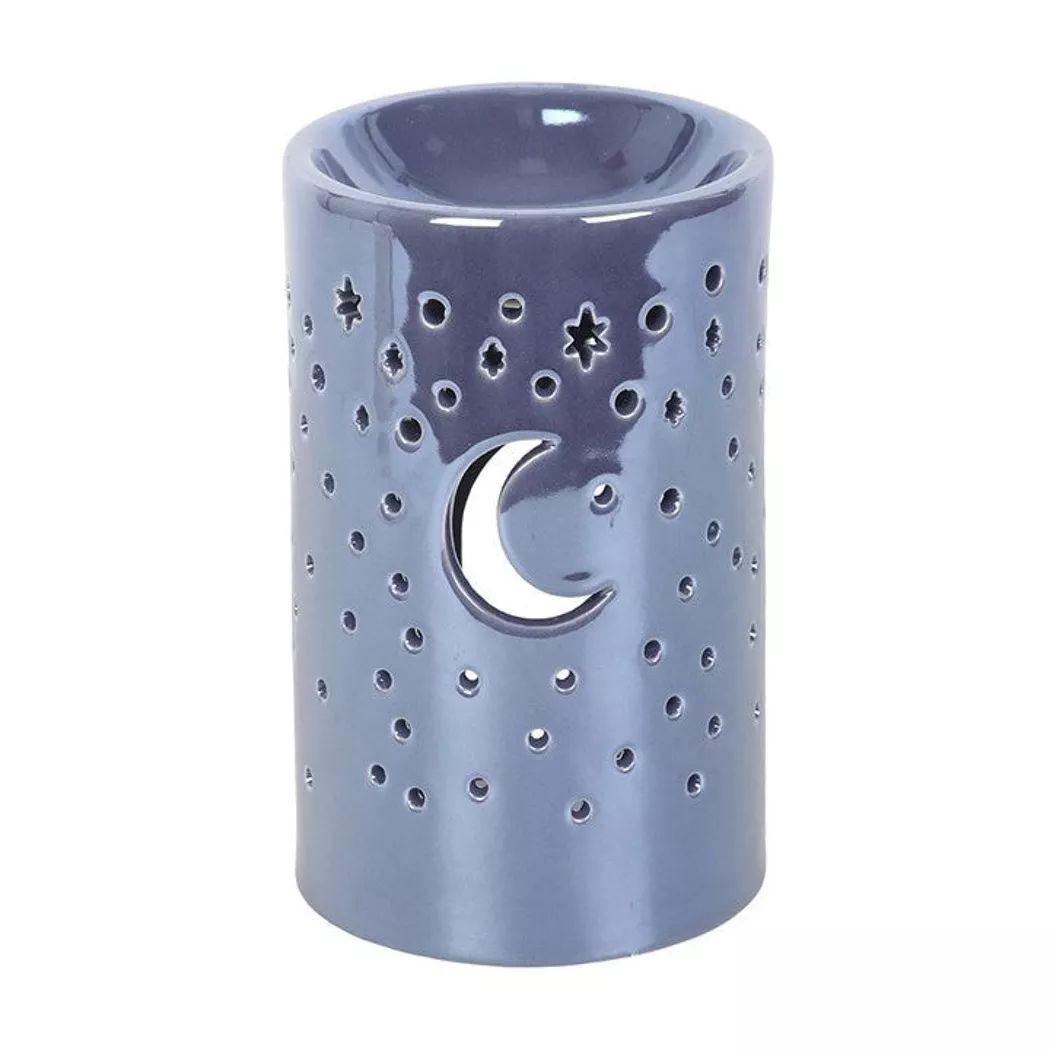 Quemador de aceite y calentador de cera con forma de pilar lunar purpura iridiscente.