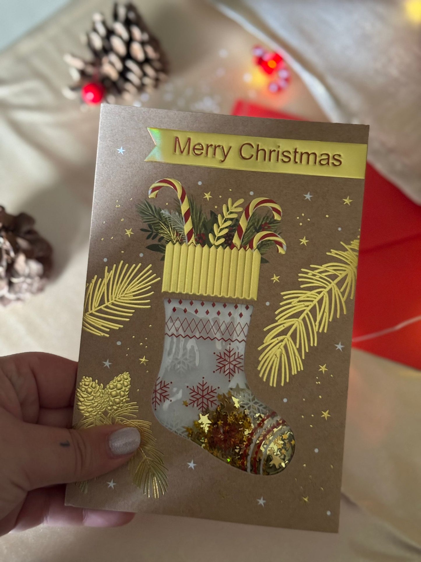 Postal Mágica de Navidad – Calcetín de Nieve con Purpurina + sobre